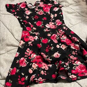 Almost Famous Black Floral Fit-and-Flare Dress with Pink and Red Roses